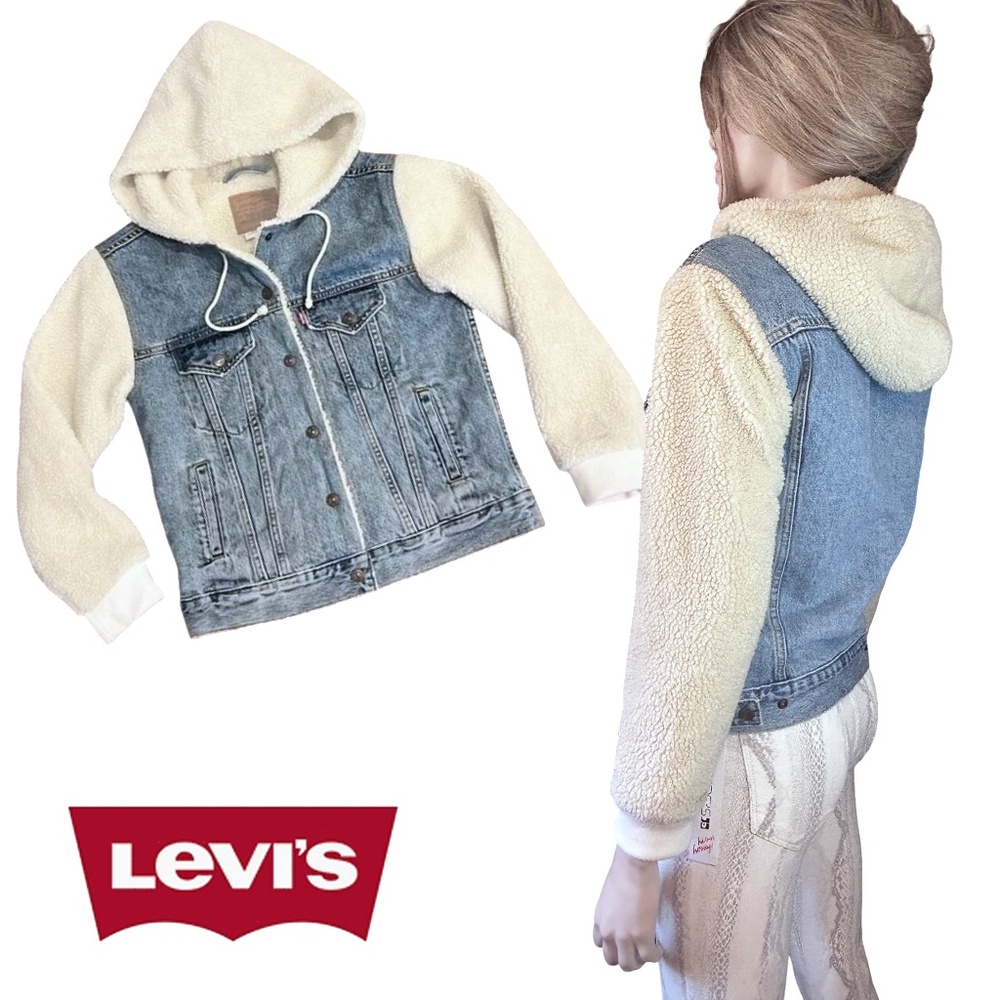 Levis Strauss Ex-Boyfriend Trucker Denim Jean Jacket Sherpa Sleeve Lining & Hood